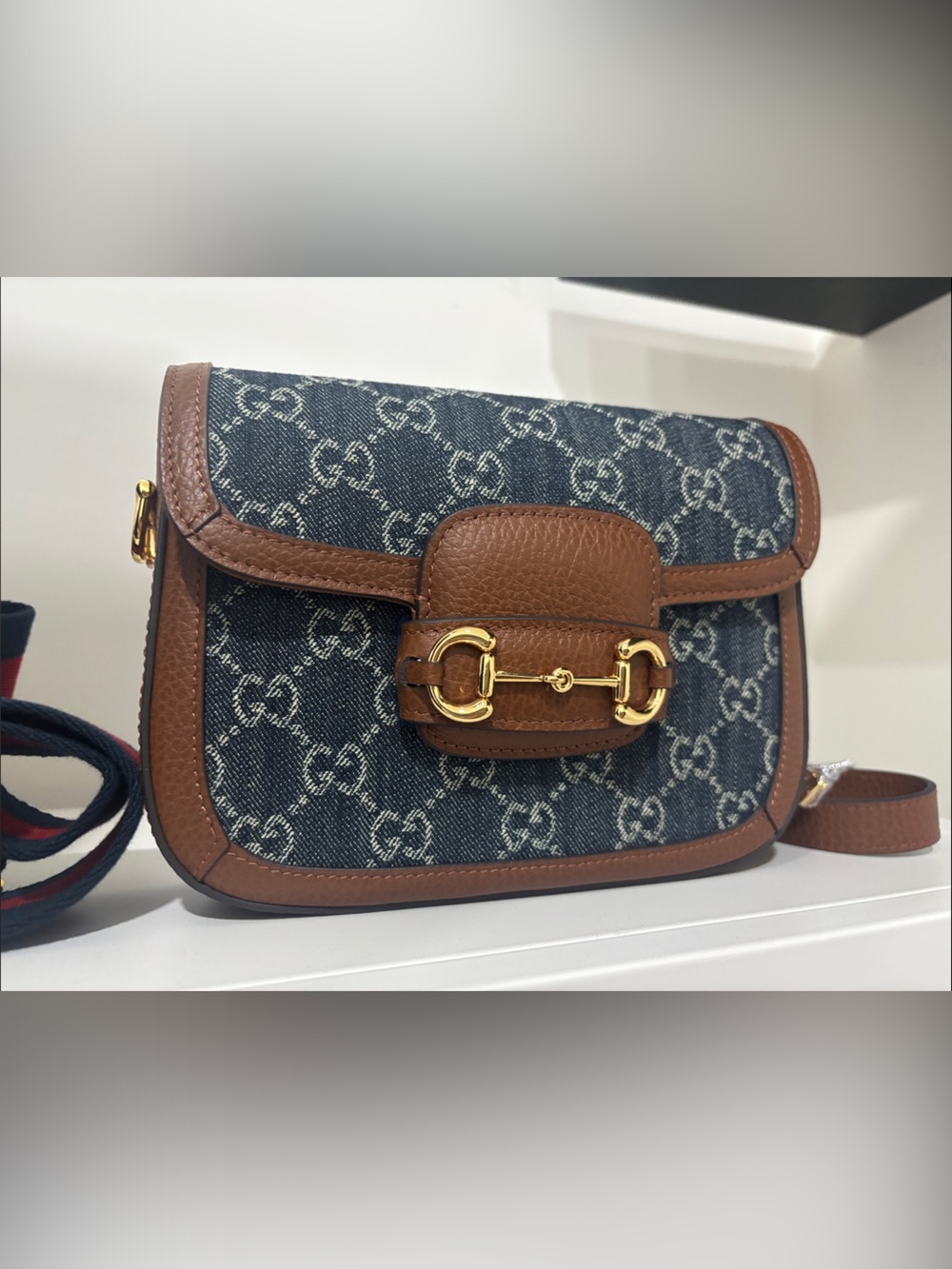 GG Blue Denim Canvas Crossbody with Brown Leather & Gold Horsebit